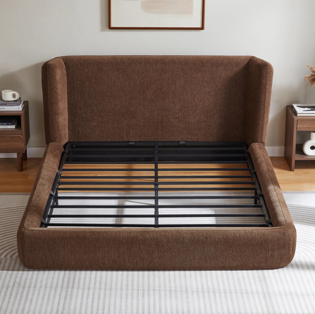 Letto Matrimoniale 160 x 200 cm con Testiera Imbottita e Telaio in Acciaio Marrone - Materasso non Incluso