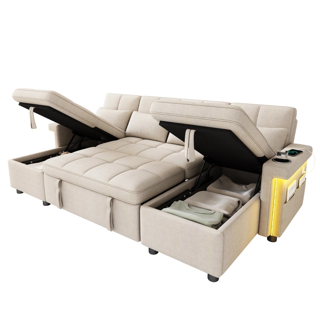 Divano angolare convertibile a U 268;5x141;5x90 cm; divano letto con 2 chaise longue di contenitore; LED; USB e Type-C; ciniglia; beige
