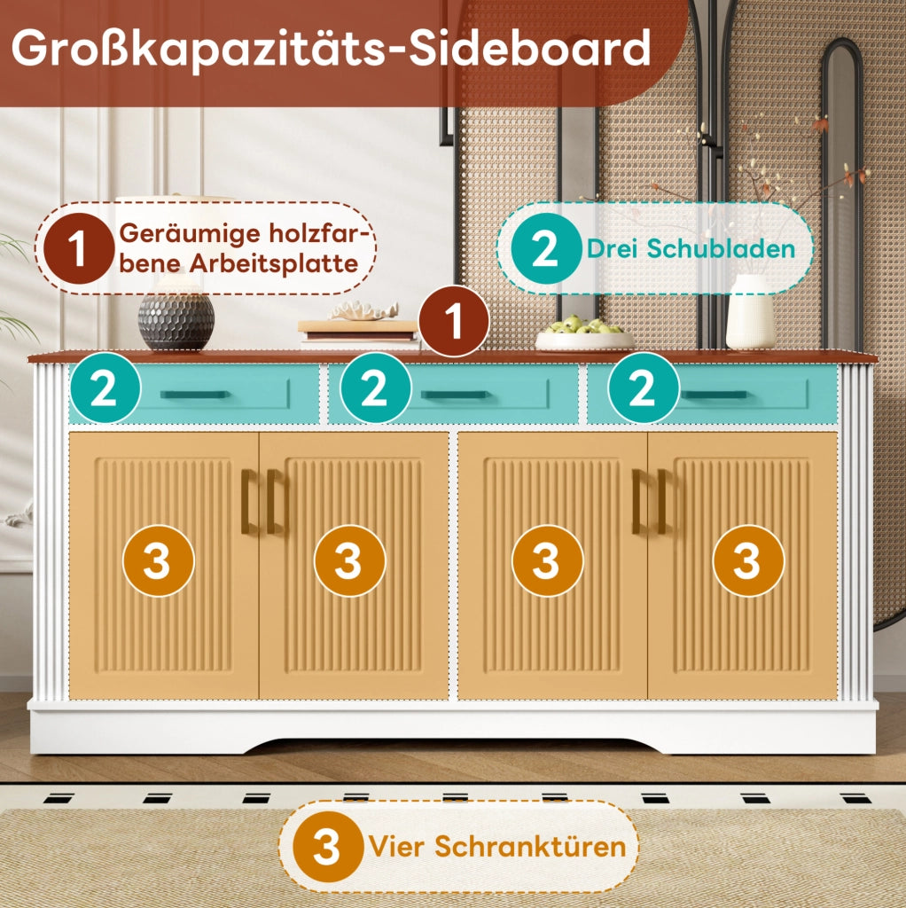 Credenza moderna con 4 ante e 3 cassetti in MDF bianco