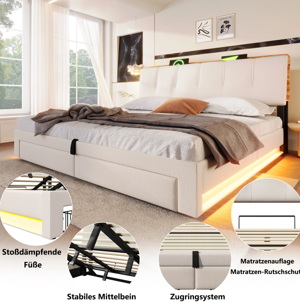 Letto imbottito 180 × 200 cm con contenitore idraulico; cassetti; LED; USB e Type-C; lino beige