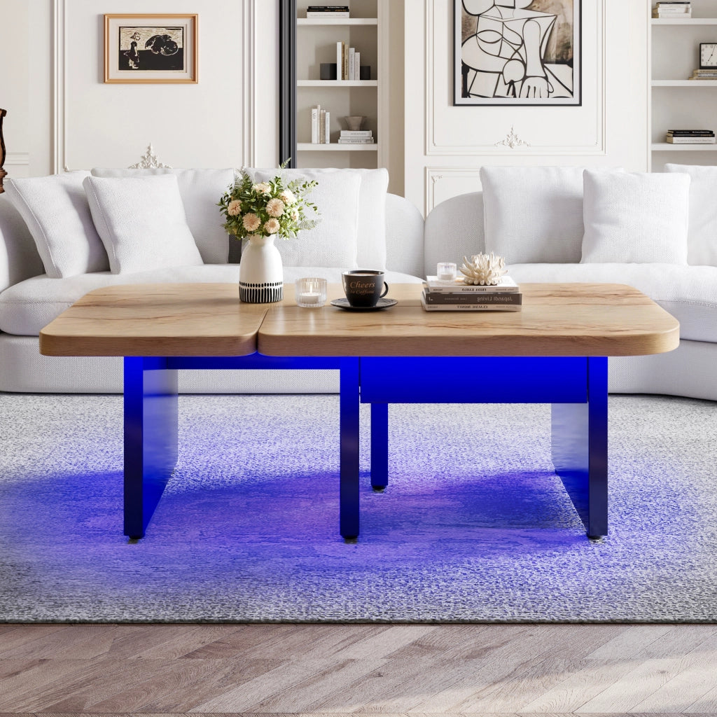 Tavolino da salotto LED con 2 cassetti e tavolini laterali separabili, in MDF naturale e nero, 90 × 60 × 44,5 cm