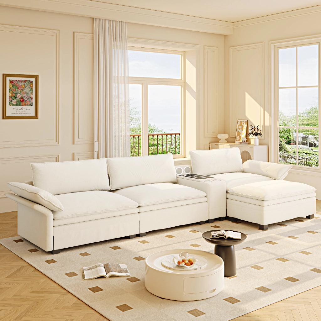 Divano modulare 4 posti a L 315 cm in ciniglia beige/bianco con ottomana e console