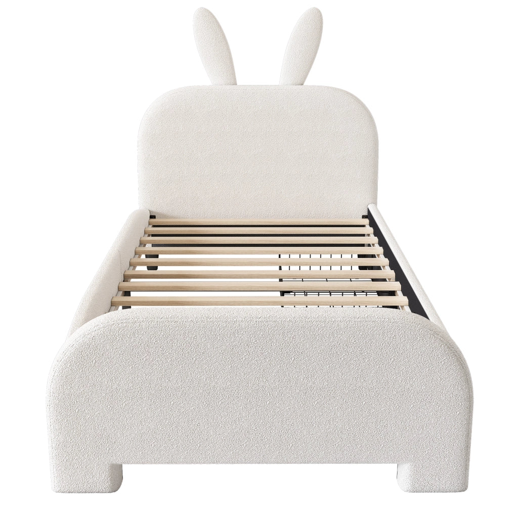 Letto per bambini 90×200 cm con 2 cassetti e testiera a coniglio imbottita; senza materasso; bianco