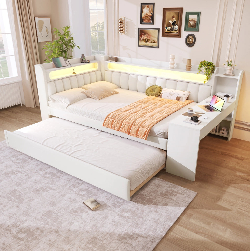 Letto da giorno imbottito 140x200 cm bianco in MDF, compensato, lino, scrivania e LED
