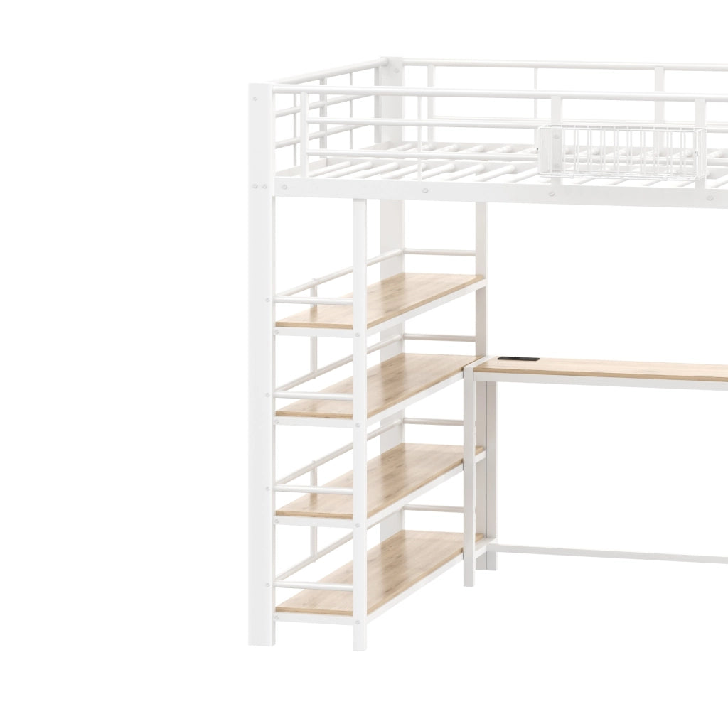 Letto a soppalco 140x200 cm in metallo bianco con scrivania, scaffale, LED e ricarica
