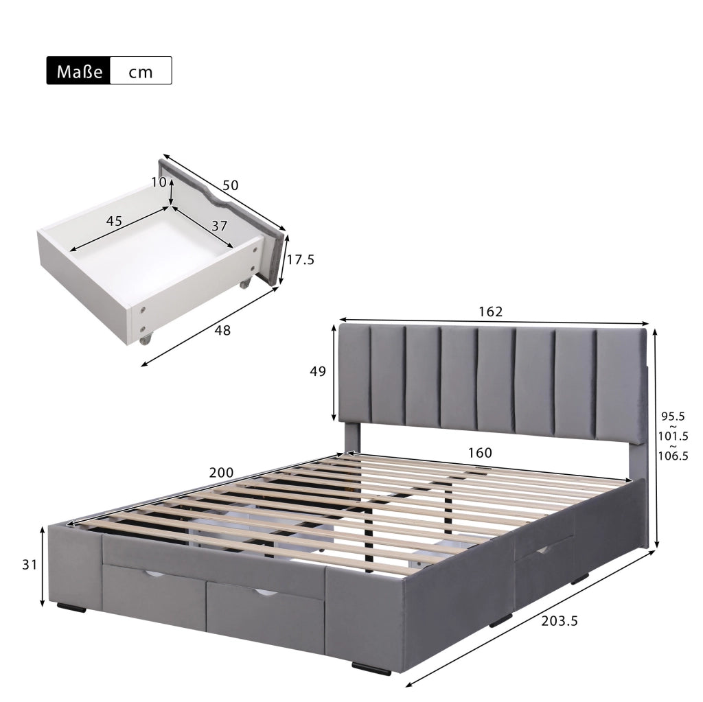 Letto imbottito in velluto grigio 160x200 cm con rete a doghe e 4 cassetti YEAVIO