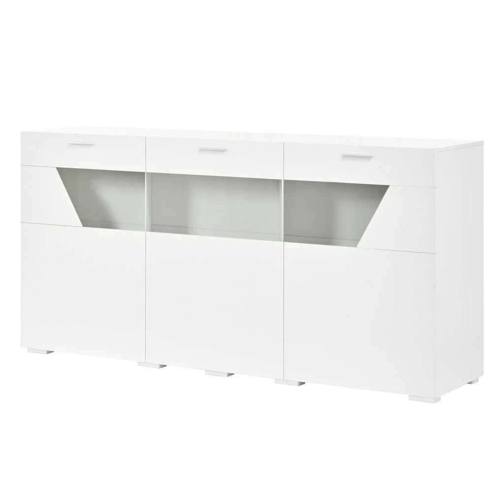 Sideboard con illuminazione LED controllabile via app, 3 ante con frontali in vetro, superficie lucida, struttura in truciolato