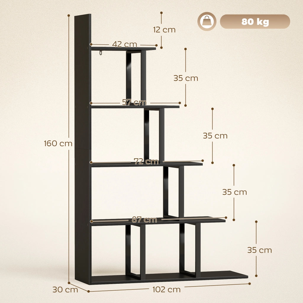 Scaffale libreria a scala 5 ripiani divisorio per ambienti stile industriale robusto e moderno per casa nero 102 x 30 x 160 cm