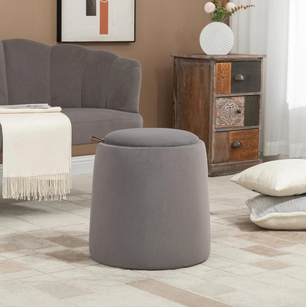 Pouf rotondo 2-in-1 con contenitore e rivestimento in velluto grigio scuro, Ø44 x 47,5 cm