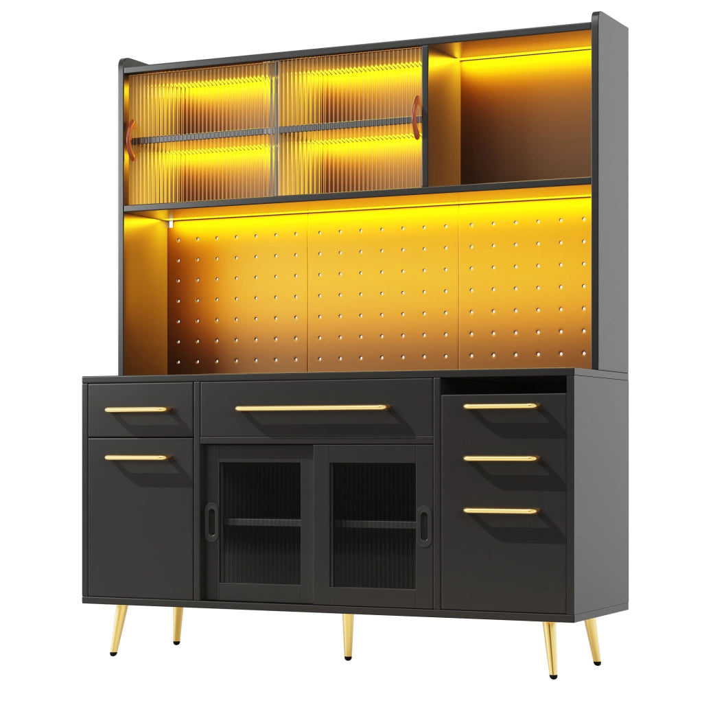 Credenza alta 145x39x171 cm in MDF, vetro e metallo nero con LED