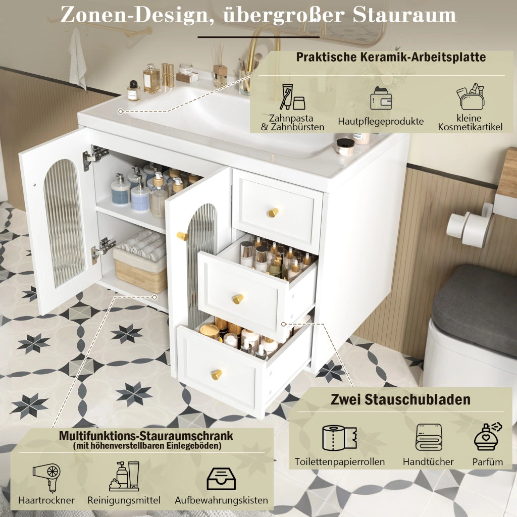 Mobiletto con lavabo sospeso in MDF bianco con 2 cassetti anta in vetro ondulato e ripiani regolabili