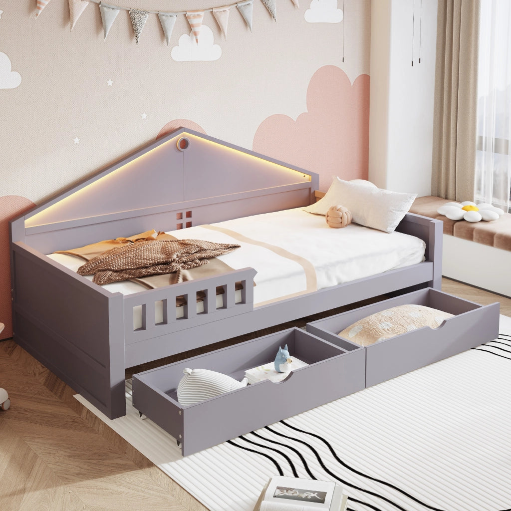 Letto con cassetti 90 × 200 cm con due cassetti LED controllabile da smartphone in legno grigio