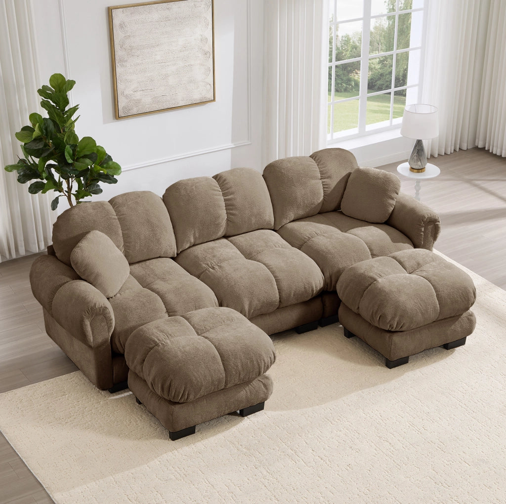 Divano a 3 posti a U in tessuto chenille marrone con pouf mobile e 2 cuscini decorativi