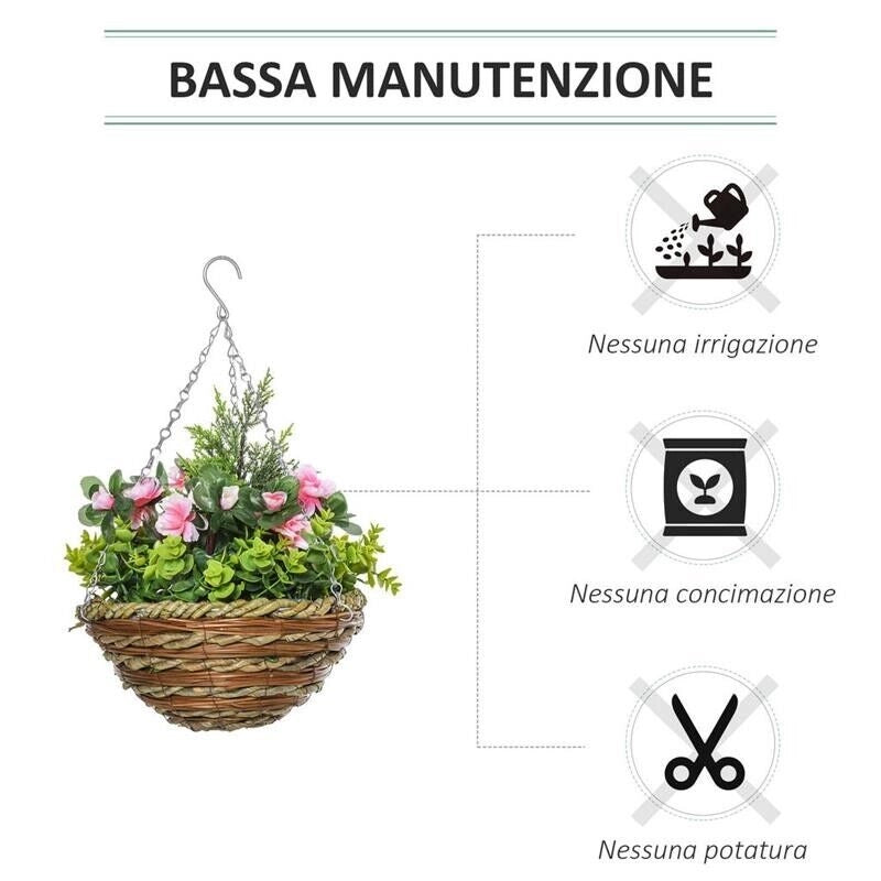SET DI 2 PIANTE FINTE LISIANTHUS DA APPENDERE PER INTERNO ED ESTERNO CON VASO IN VIMINI E CATENELLE, ?25X34CM, ROSA E VERDE