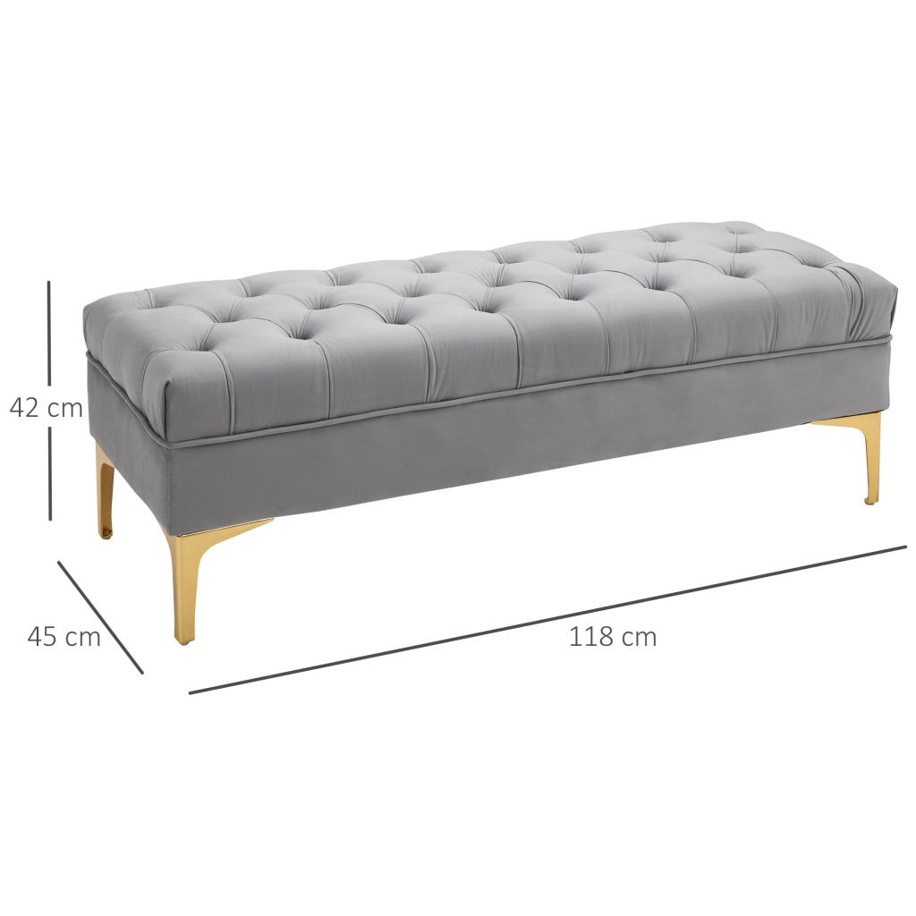 Panca imbottita capitonn¨¦ velluto grigio chiaro ¨C Xylo ¨C 118x45x42 cm piedi metallo dorato