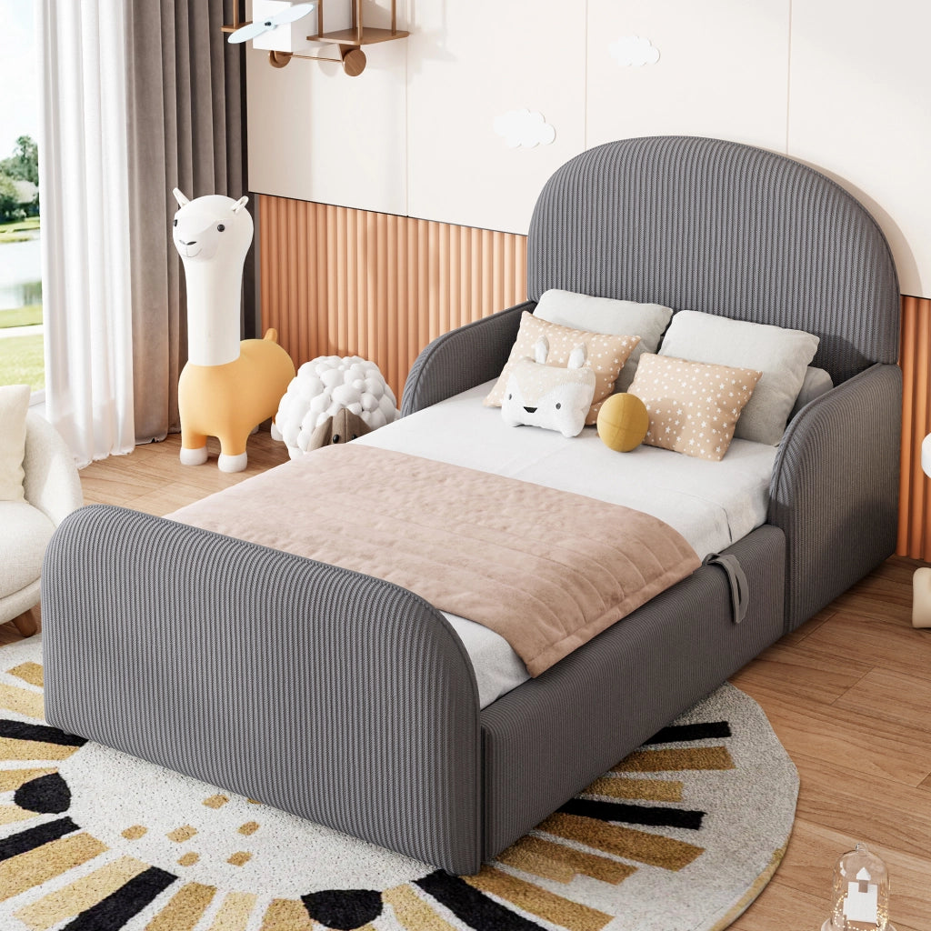 Letto Singolo Imbottito 90x200 cm con Contenitore Idraulico; Testiera Alta e Sponde di Sicurezza; Struttura in Velluto Grigio per Cameretta