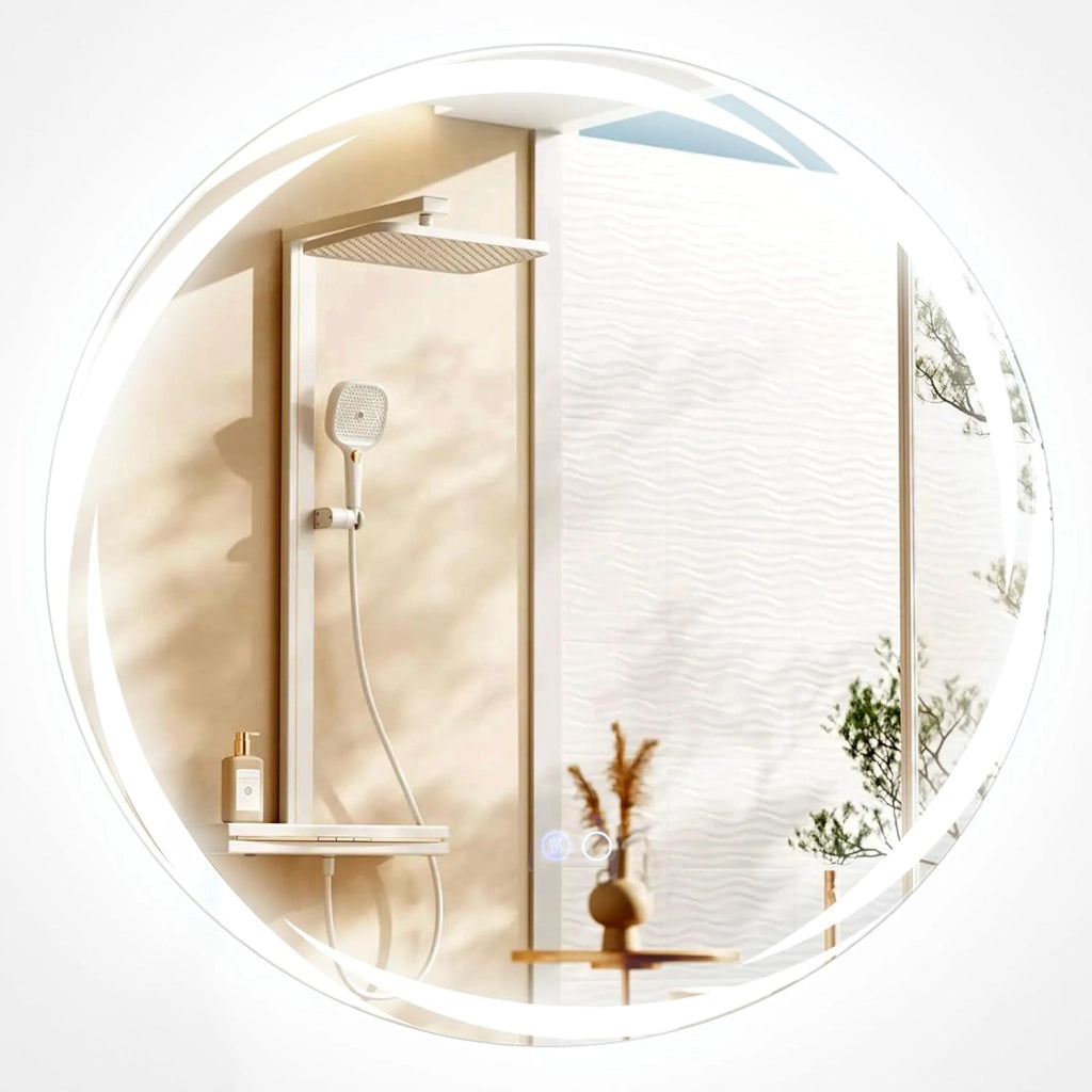 Specchio da Parete 60 x 60cm, Specchio da Bagno Rotondo con Luci Led a 3 Colori, Interruttore a Sfioramento Anti-Appannamento, Funzione di Memoria e Motivo a Onda, IP44