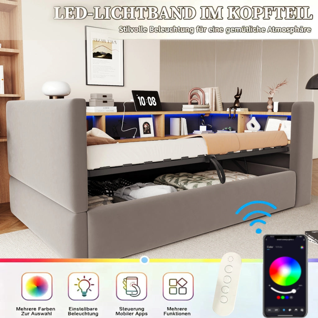 Divano letto imbottito 90x190 cm con LED, prese e vano contenitore