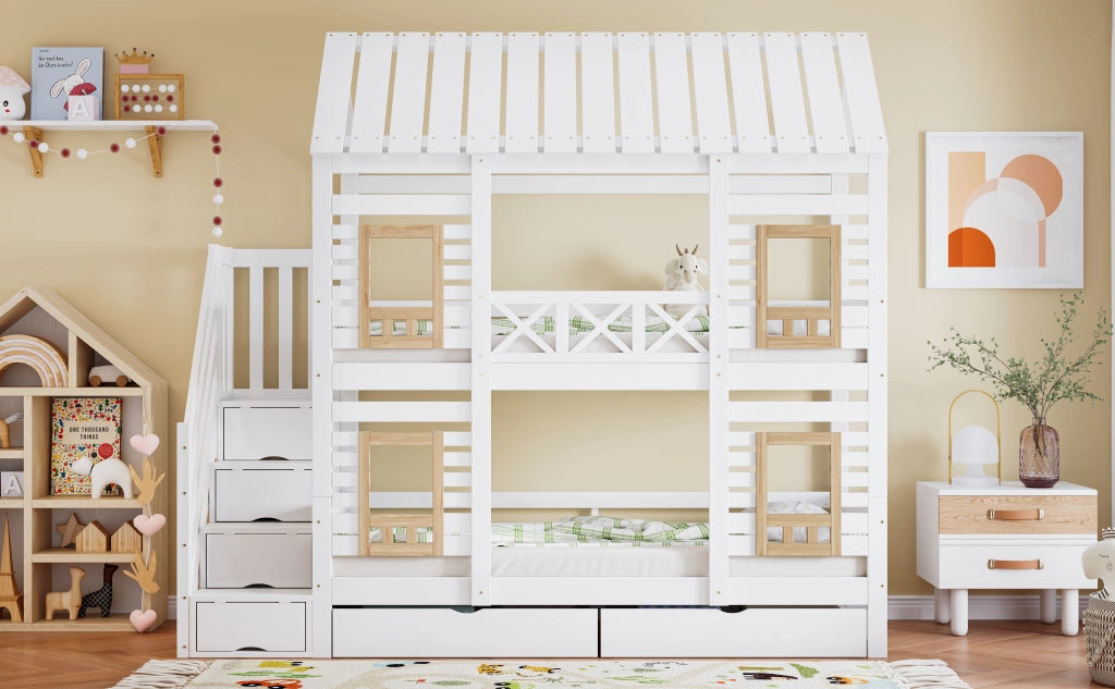 Letto a castello a casetta in pino e MDF; 90x200 cm; bianco e naturale; con scala contenitore e cassetti per cameretta