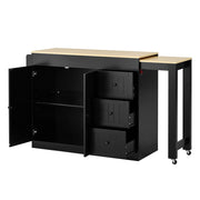 Carrello da cucina su ruote con piano laterale estraibile, 3 cassetti e portaspezie, per cucina e sala da pranzo, nero