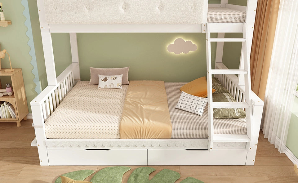 Letto a castello per bambini 90x200/140x200 cm con sponde a nuvola, cassetti e porta riviste, struttura in legno bianco, senza materasso