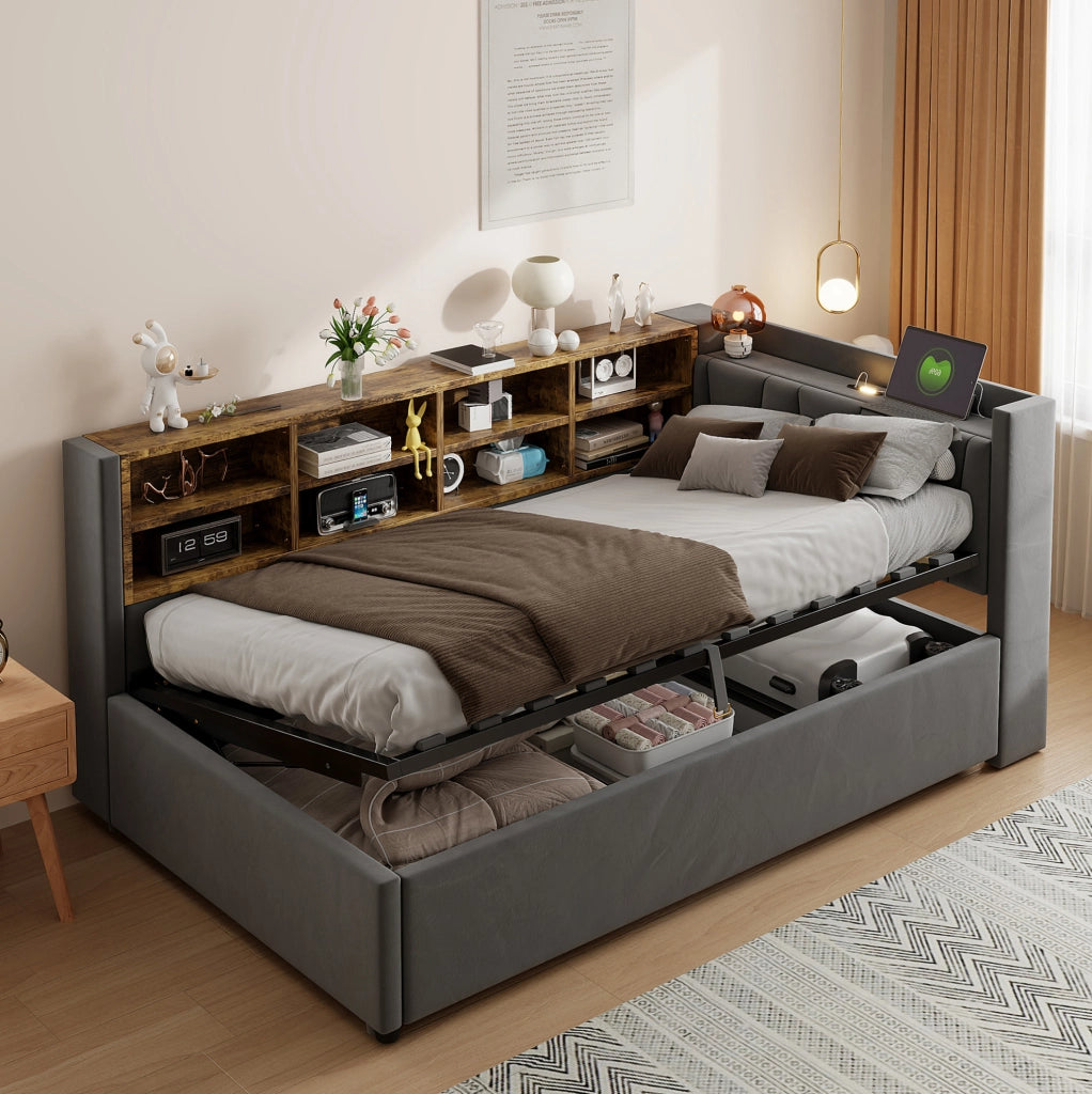 Letto imbottito 90x200 cm con contenitore idraulico, USB e USB-C in velluto grigio