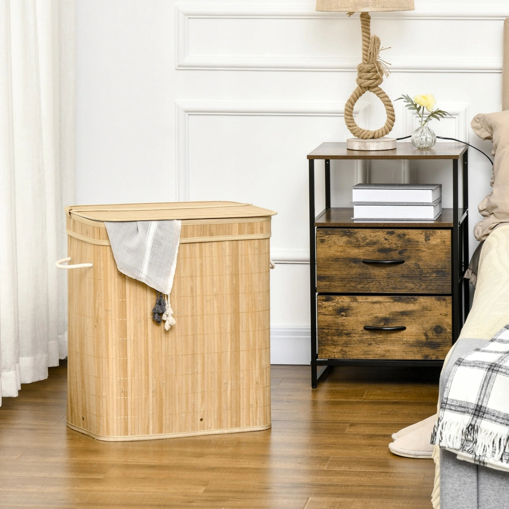 Cesto porta biancheria in bambù con coperchio, 90 litri, 2 scomparti e sacco interno rimovibile - 54,2 x 35,2 x 59,5 cm