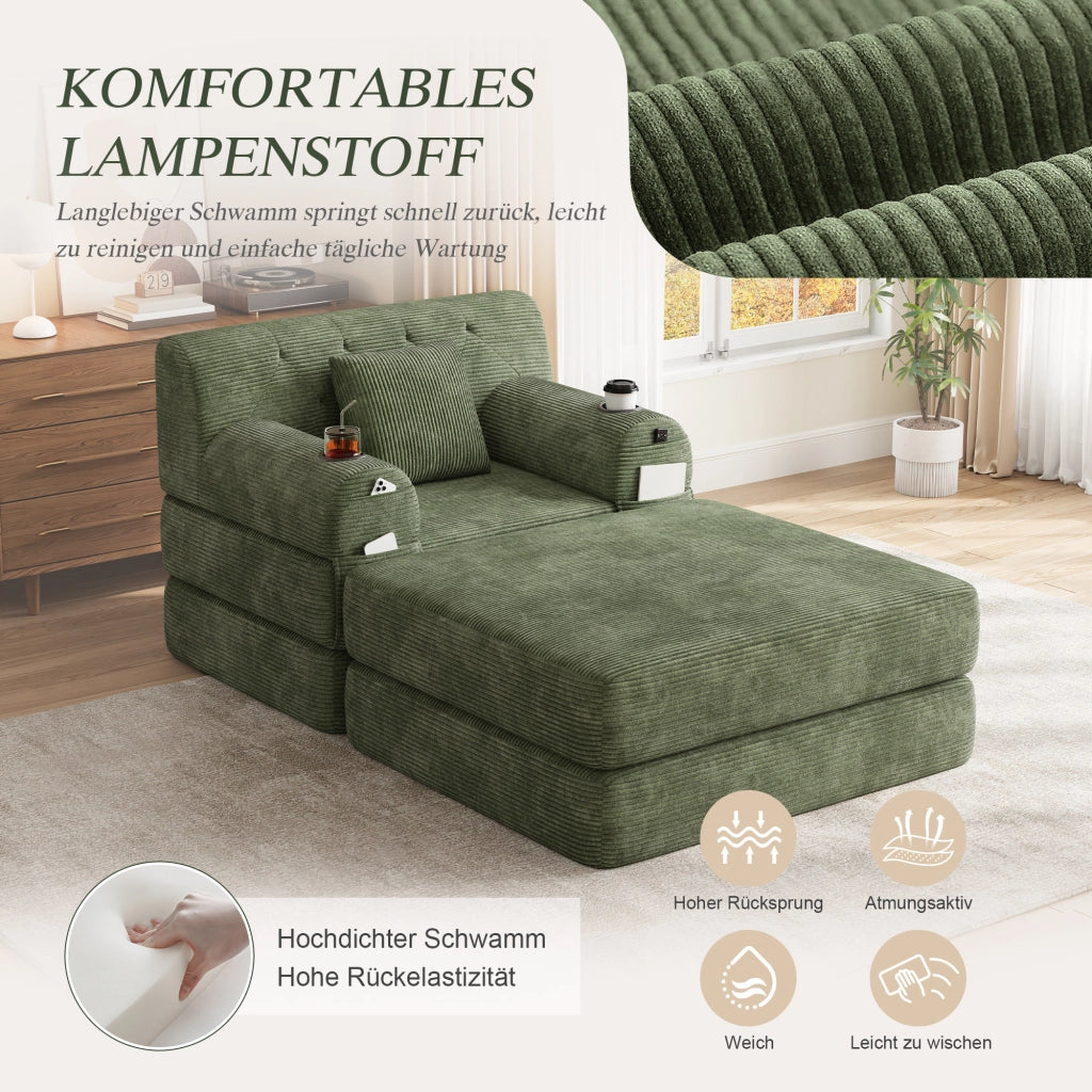 Letto a sedile convertibile 1 con pouf; schienale alto; portabicchieri 2 e tasche laterali 4; velluto a coste; verde