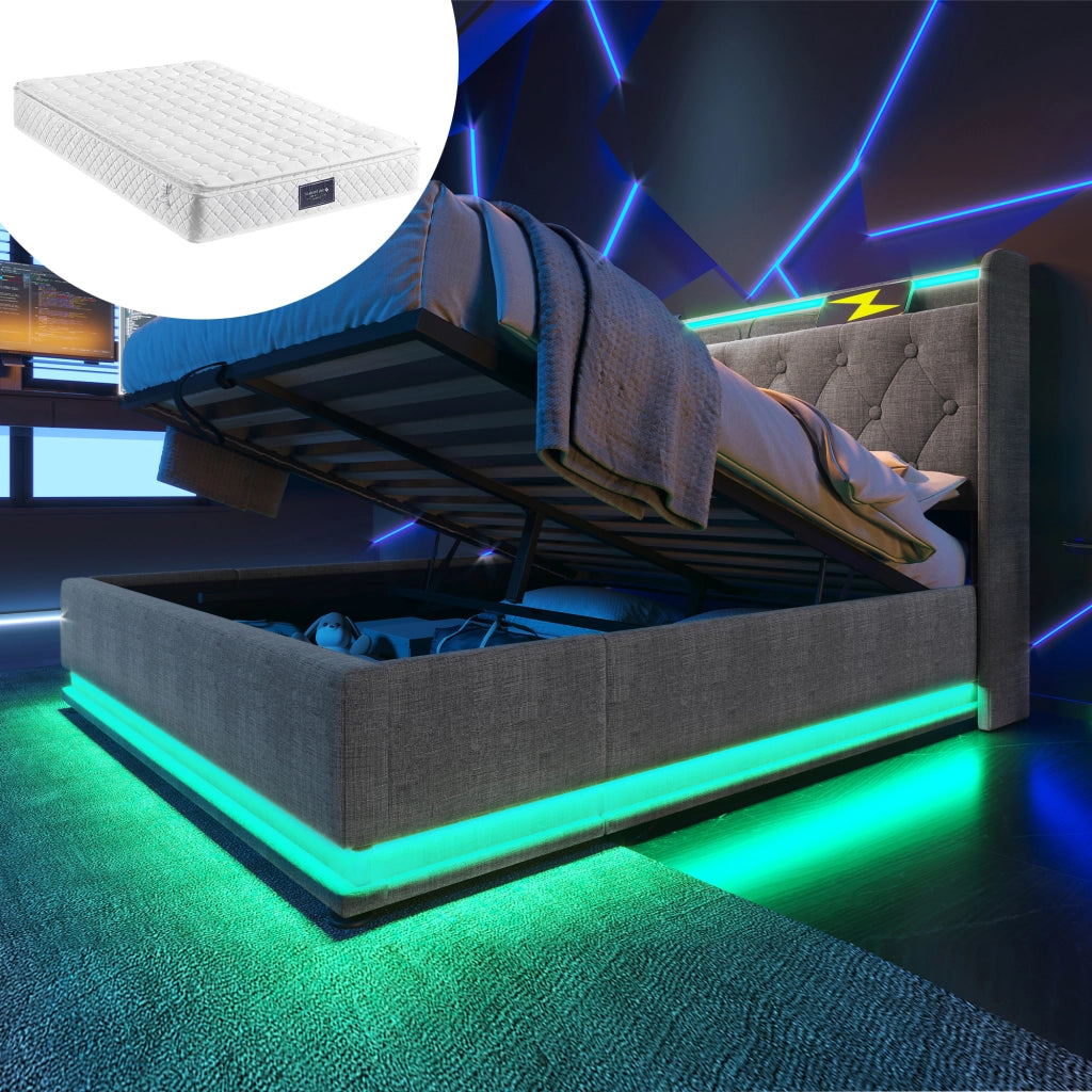 Letto matrimoniale contenitore 140 × 200 cm in lino grigio con materasso LED 360° USB e Type-C