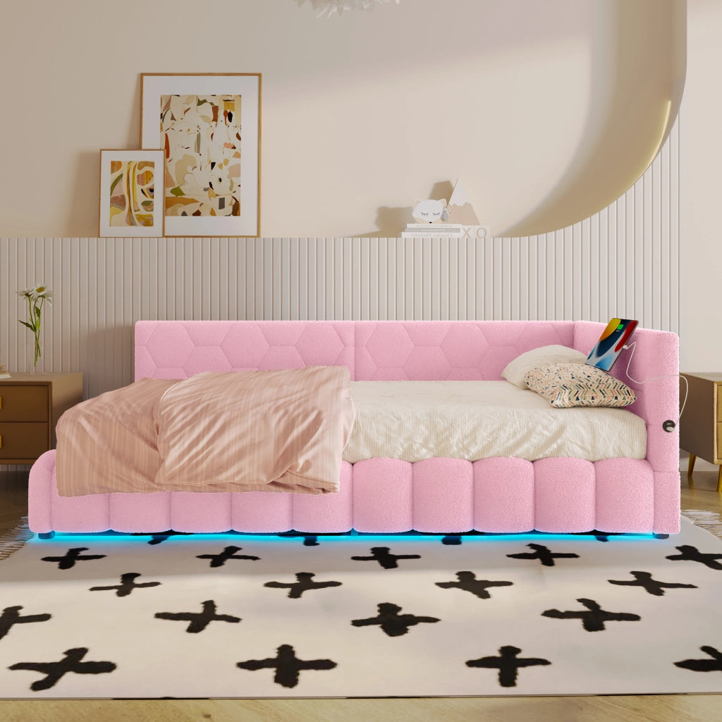 Letto da Giorno 90x200 cm in velluto con Contenitore Idraulico; LED; USB-C Rosa