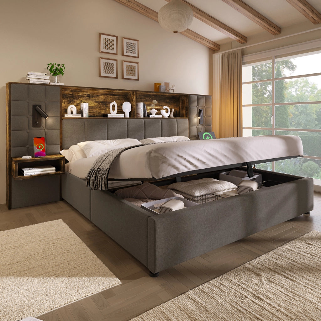 Letto 160x200 in lino con contenitore; lampade; comodini e USB Type-C; grigio