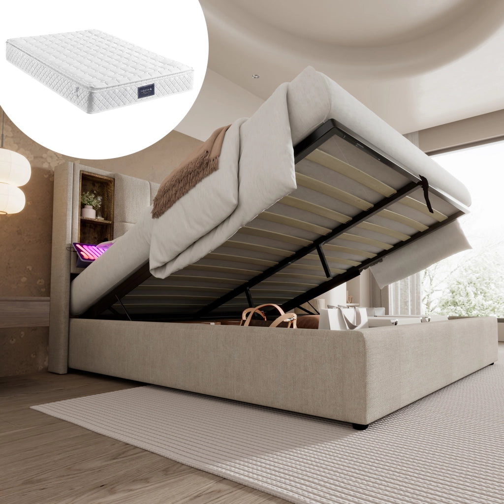 Letto matrimoniale imbottito 160 ¡Á 200 cm con vano contenitore ricarica wireless USB e USB C in lino naturale