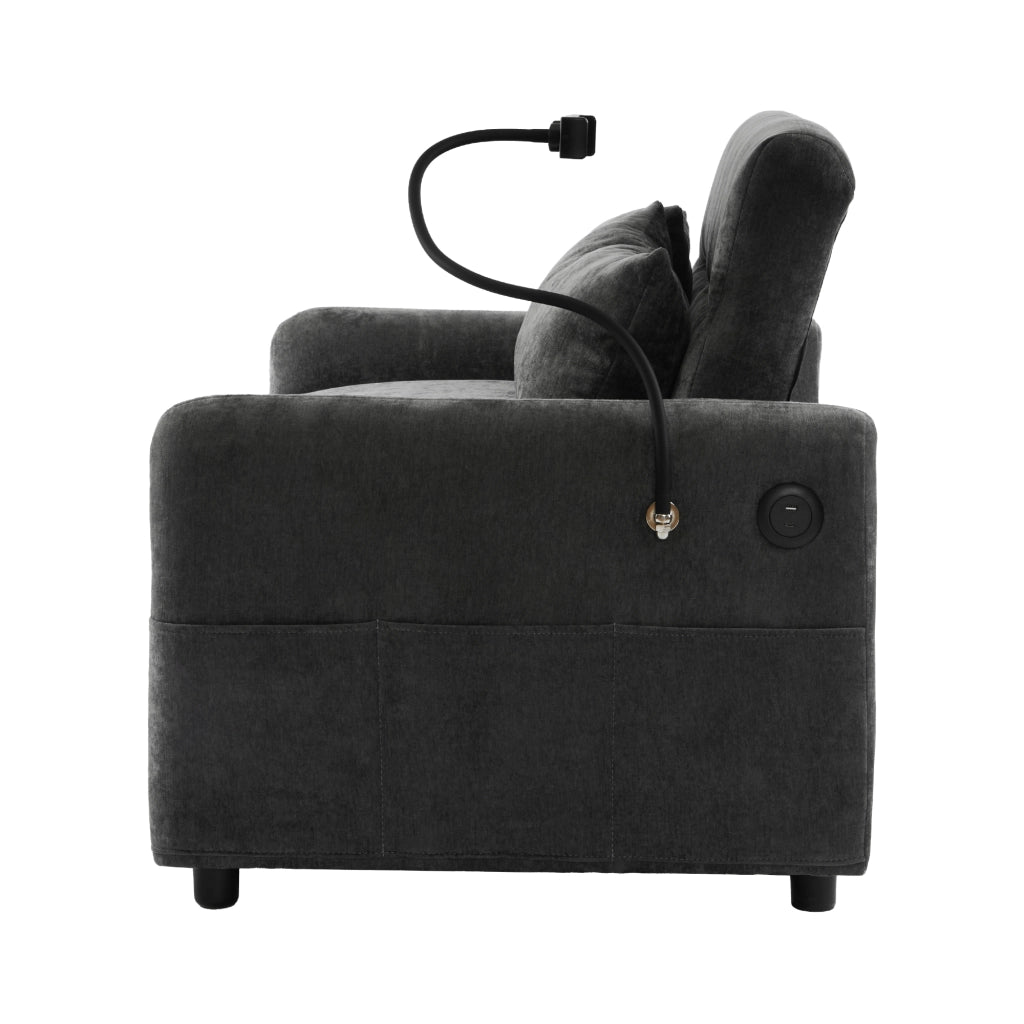Divano letto estraibile 2 posti 129x76/163 cm con USB in ciniglia grigia