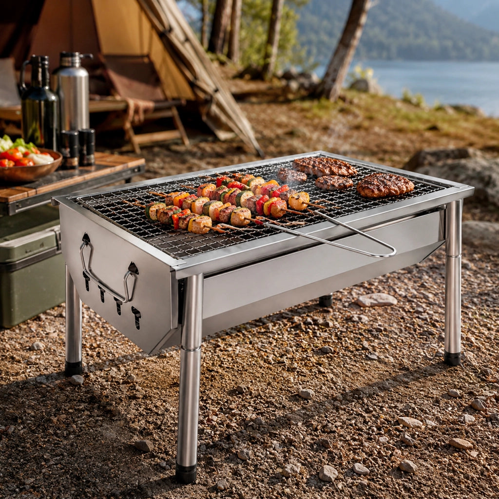 Barbecue A Carbone Portatile In Acciaio Inox Con Griglia Smontabile Gambe Pieghevoli Design Compatto Per Campeggio Picnic Giardino Outdoor 40 X 28 X 21.5 Cm Acciaio