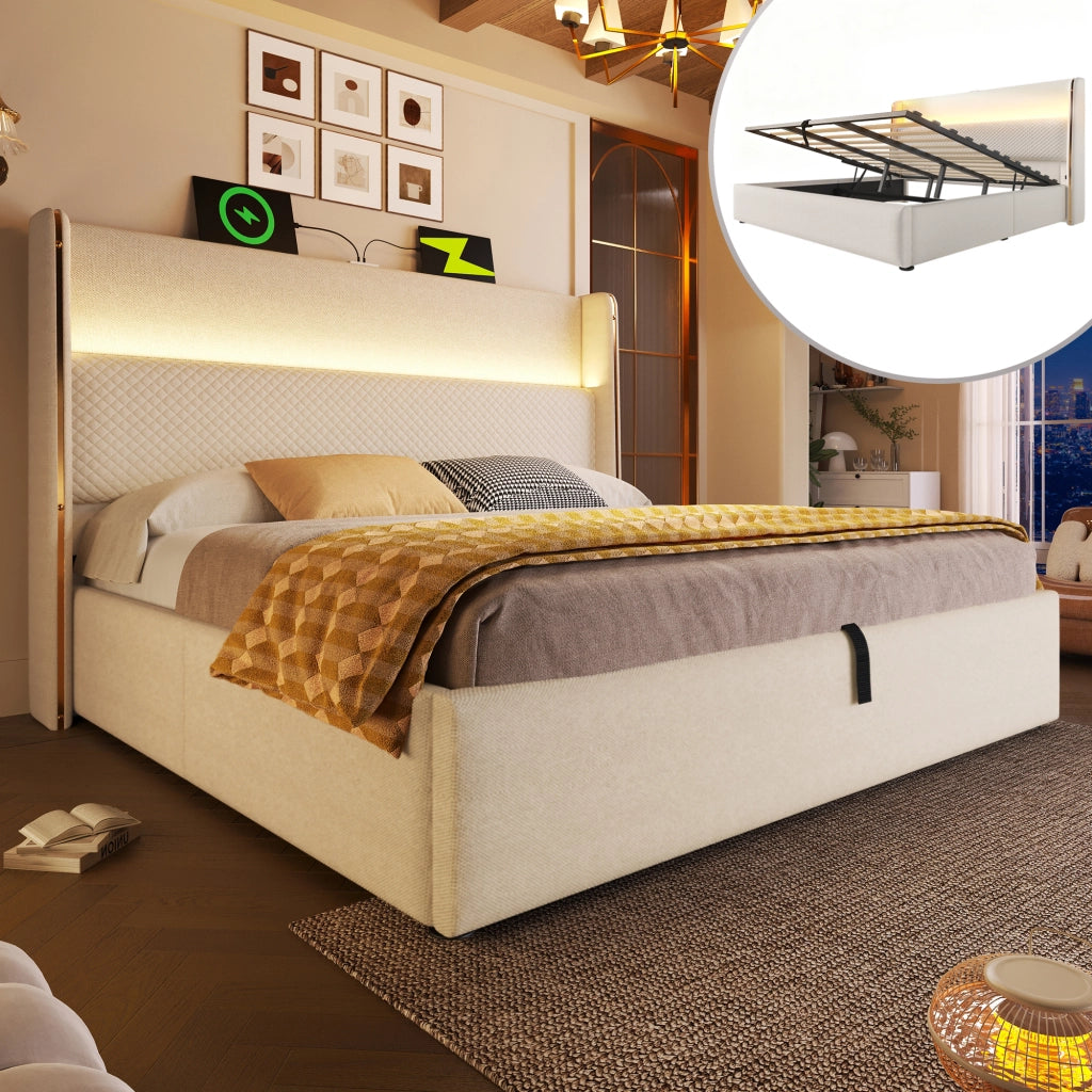Letto Contenitore 160x200 cm; Letto Matrimoniale - LED; USB; Type-C in Lino Beige