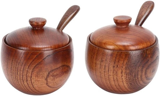Set di Deposito per Sale in Legno - Contenitore di Deposito in Legno Naturale per Erbe - Cassetto di Sale con Coperchio e Cucchiaio - Deposito Rotondo per Sale Pepe Zucchero Polvere di Peperoncino Cassetto di Sale