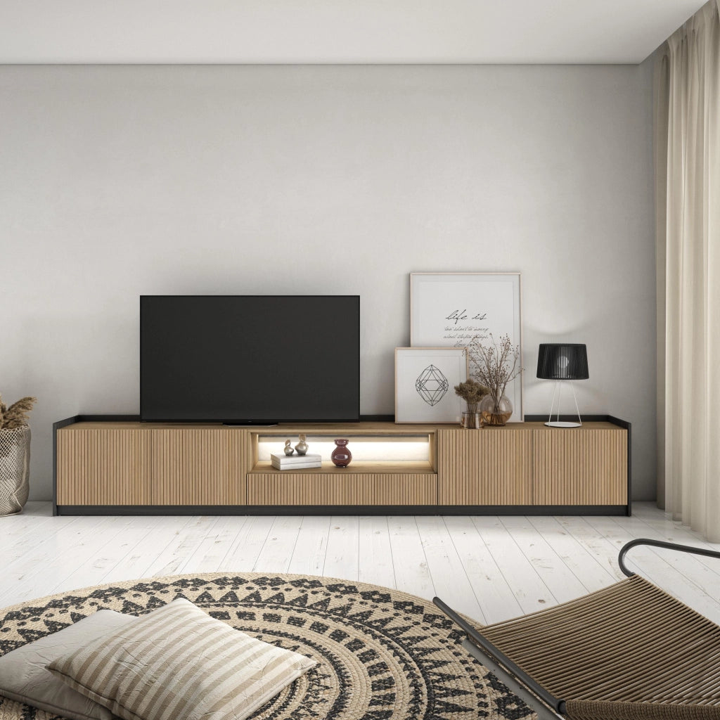 Mobile TV Soggiorno, 310x50x37 cm, Per TV fino a 80", Led, Rovere e nero