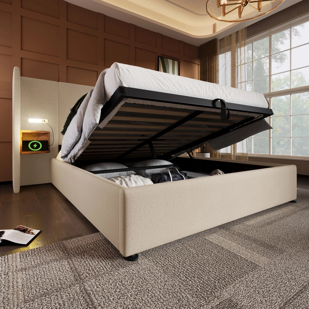 Letto contenitore 160 × 200 cm con lampada da lettura USB e Type-C rete a doghe in legno e metallo beige