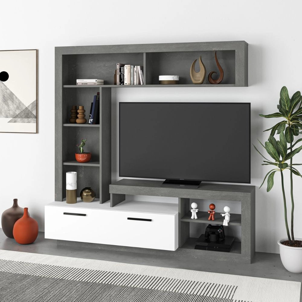 Parete attrezzata Leo 171x42x171 colore cemento bianco