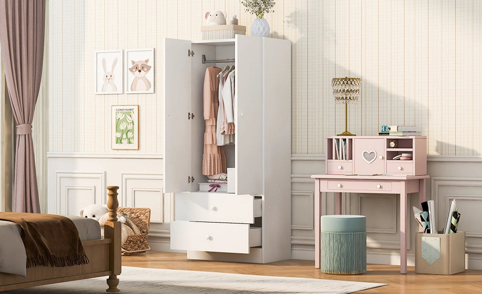Armadio Singolo 70x40x170 cm con Due Cassetti, Design a Blocchi di Colore, Rosa e Bianco