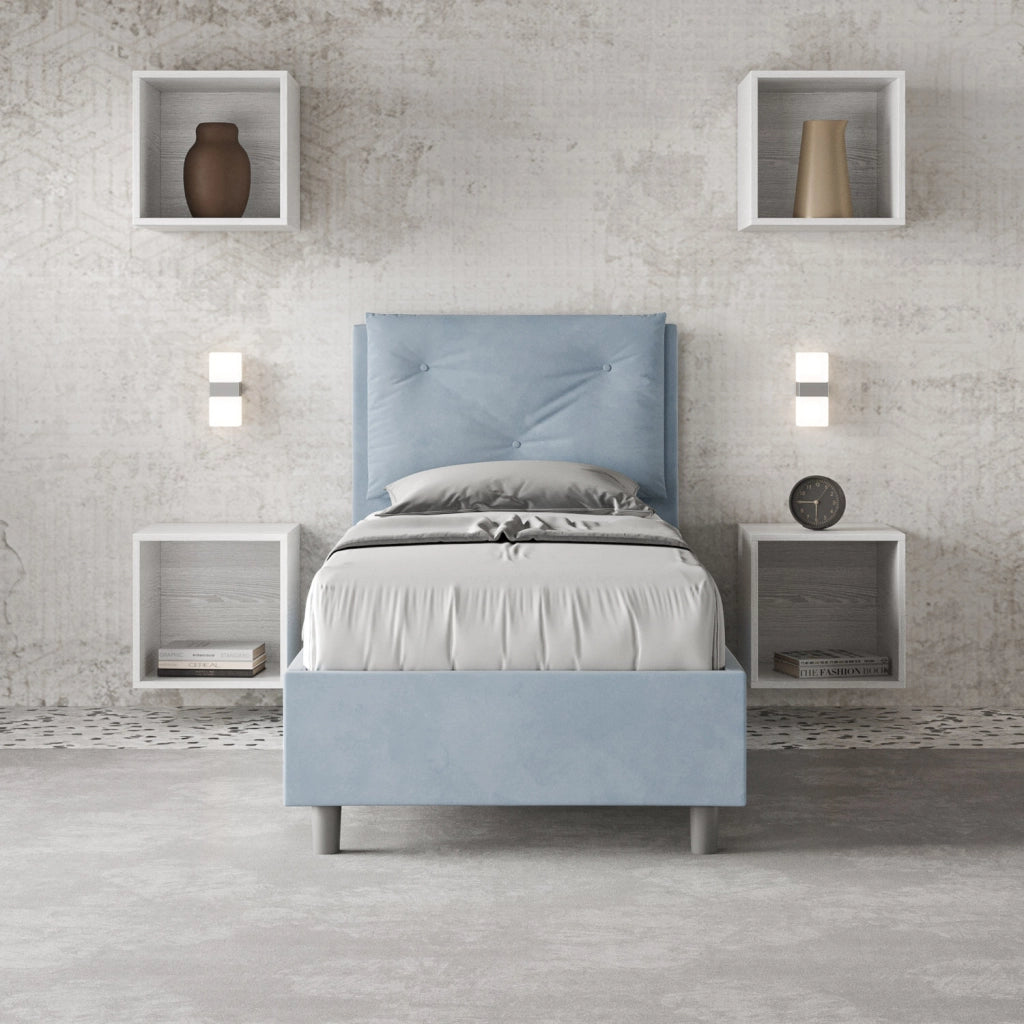BS COM Letto singolo con rete imbottito 90x190 microfibra azzurro