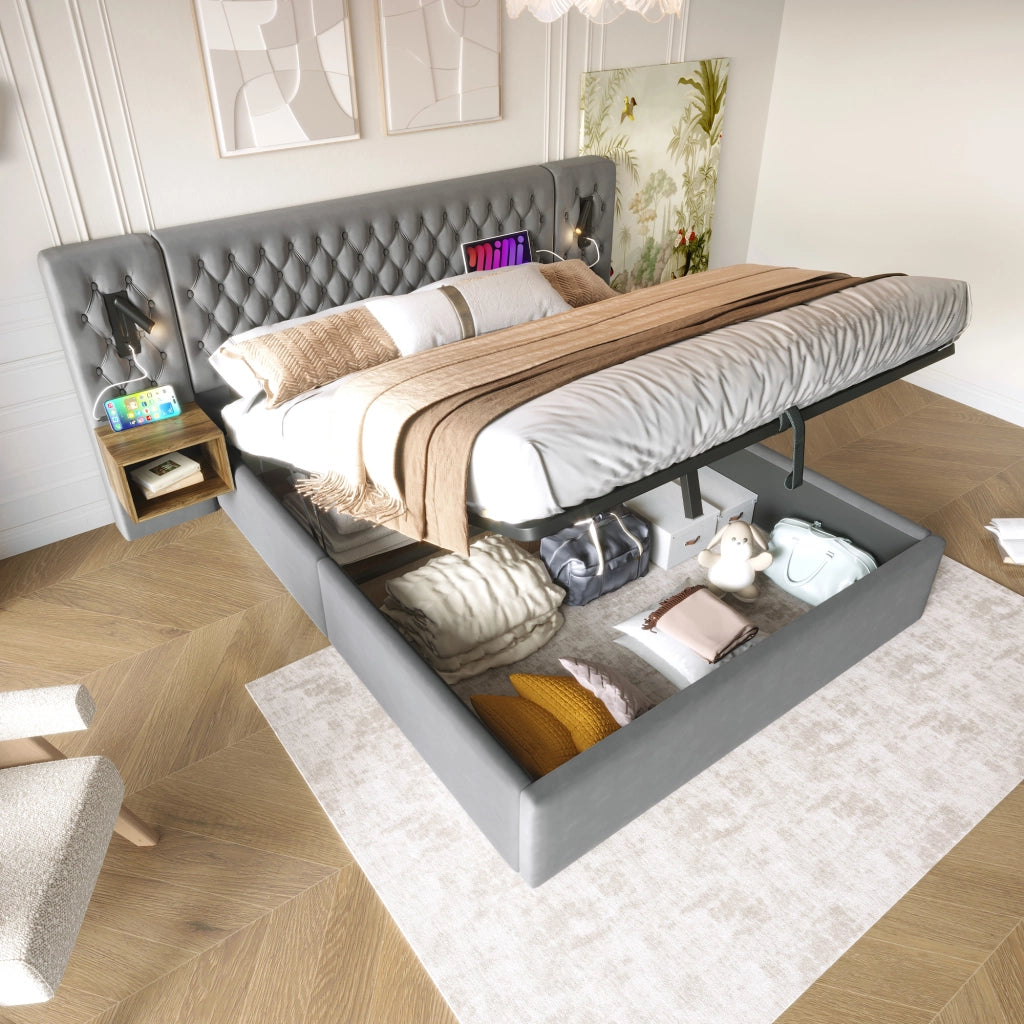Letto matrimoniale 180 ¡Á 200 cm con contenitore idraulico in velluto grigio testiera con luci USB e Type-C