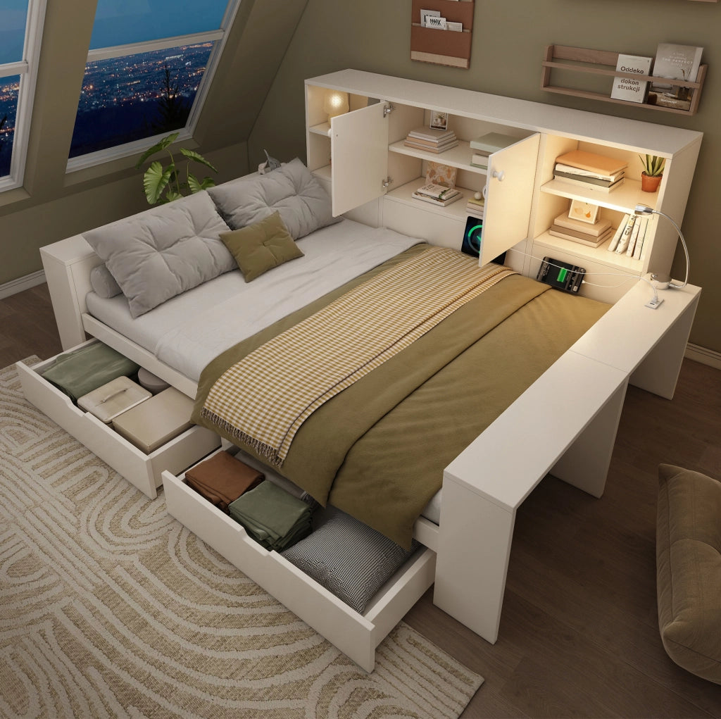 Letto matrimoniale 140x200 cm con cassetti; vano contenitore e prese USB/USB-C bianco HOMVRA