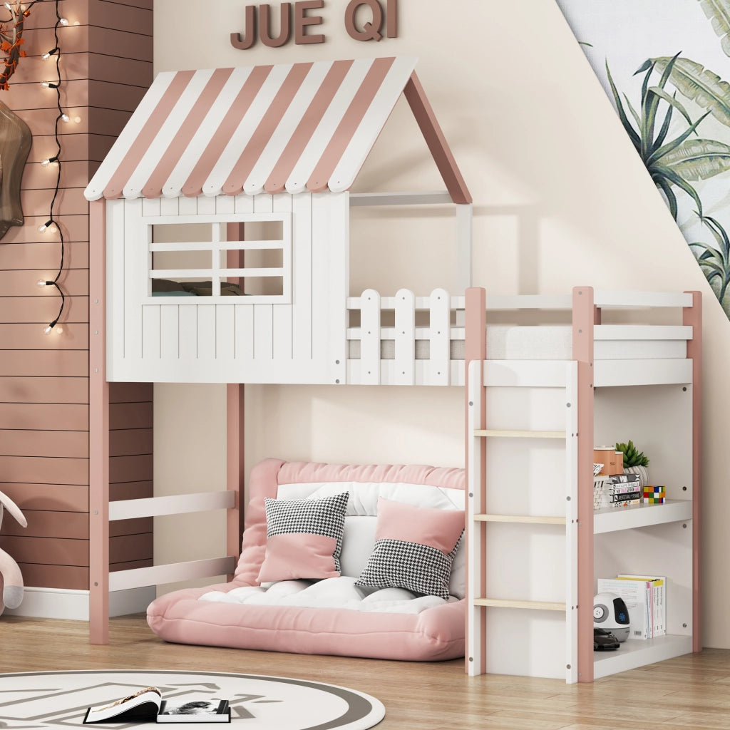 Letto a soppalco per bambini 90 × 200 cm con tetto scala di sicurezza rete a doghe in legno rosa