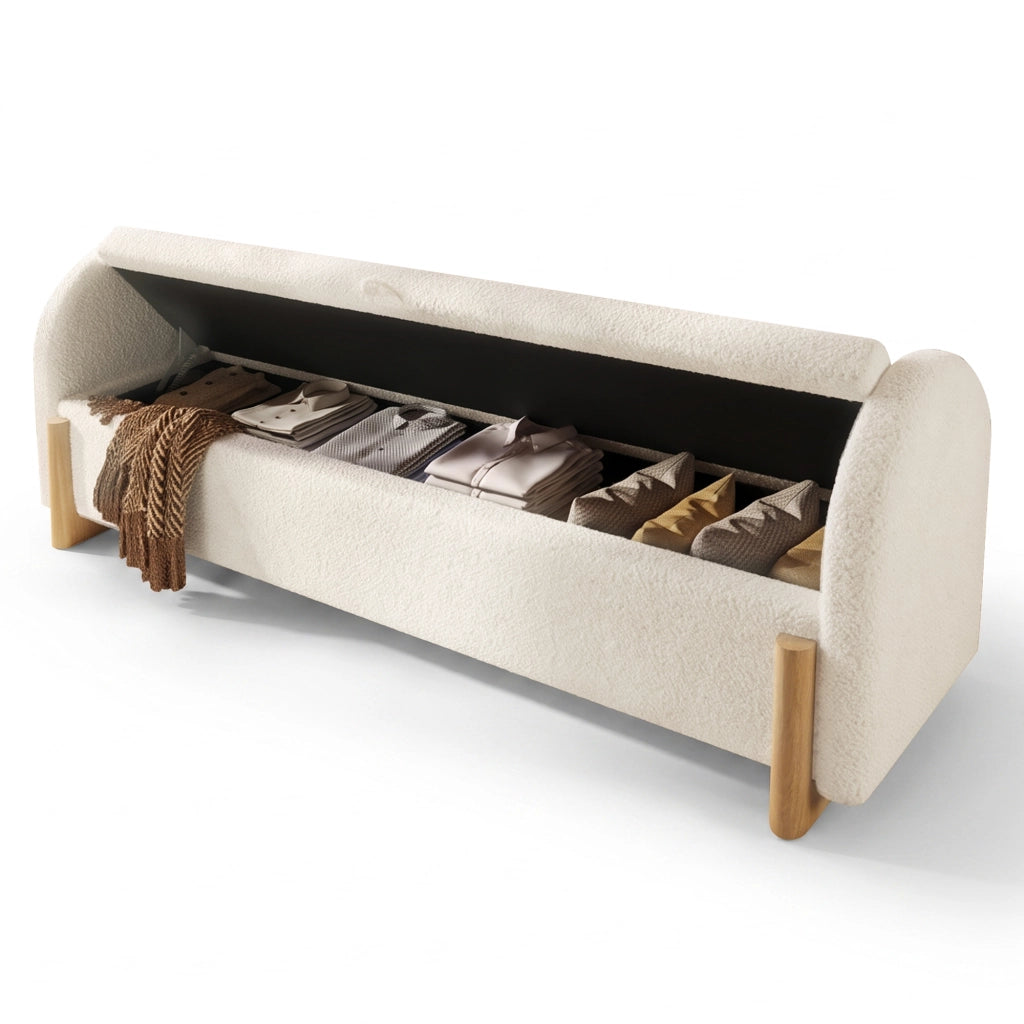 Panca contenitore da letto 146x47x61 cm con vano idraulico in ciniglia bouclé bianca