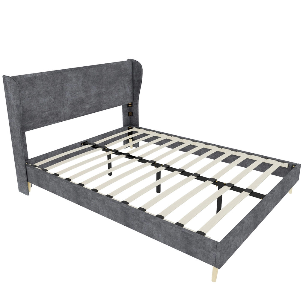Letto Imbottito Moderno 160x200 cm con Testiera Morbida in Velluto Grigio, Base Bassa Senza Contenitore