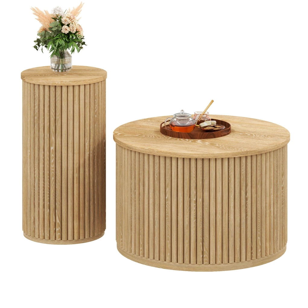 Set di 2 tavolini da salotto rotondi in MDF naturale con motivo a listelli verticali
