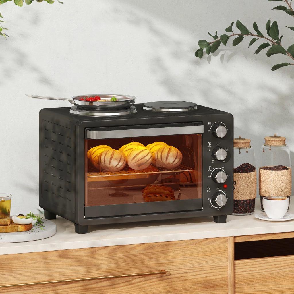Mini forno 28 L 2600W Mini forno 100-230¡æ Timer 60 min, con 2 piastre riscaldanti, teglia e griglia Forno per pizza con vassoio raccogli briciole,