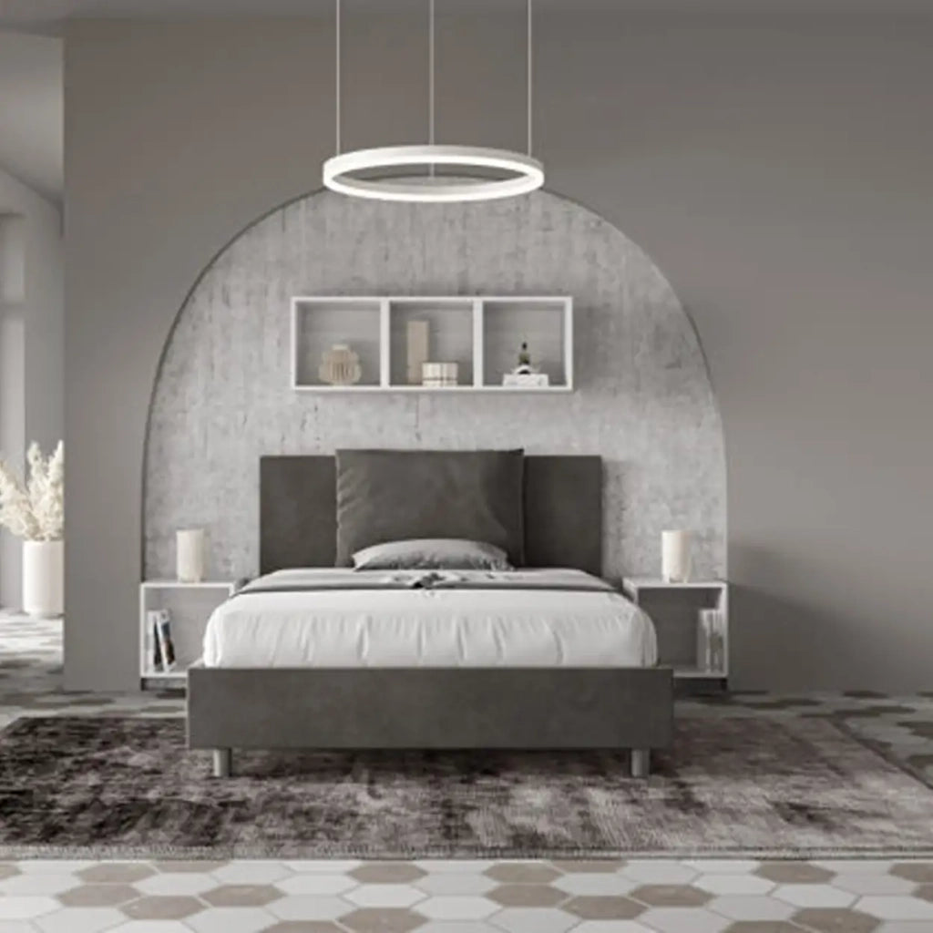 Letto matrimoniale francese senza rete imbottito 140x190 microfibra grigio Antea