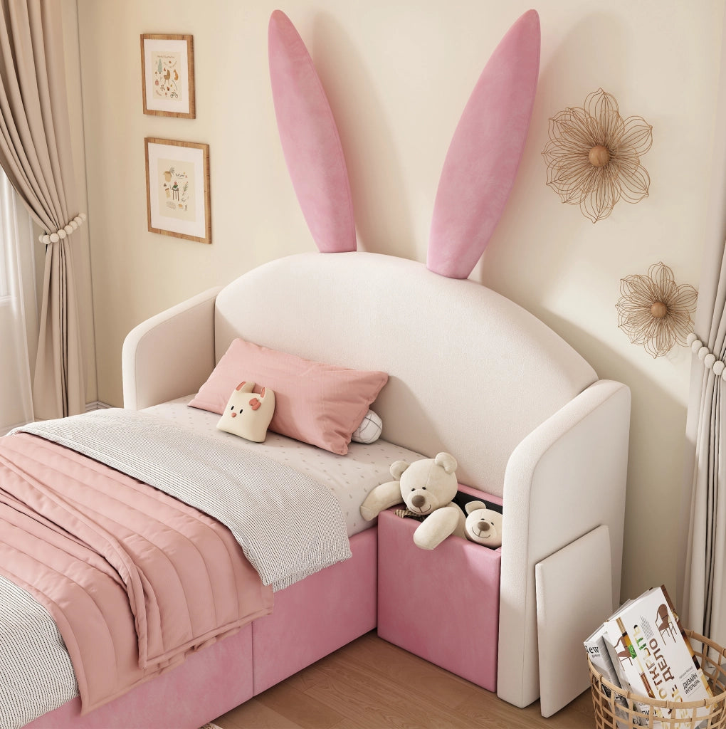 Letto singolo per bambini 90x200 cm con contenitore idraulico e comodino in velluto beige e rosa HOMVRA